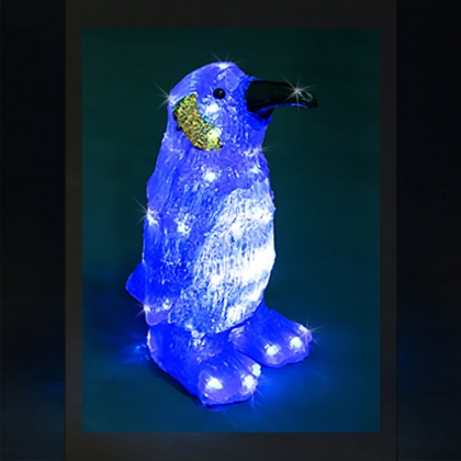 Пингвин със син гръб, акрилна фигура - 50 бели LED лампички
